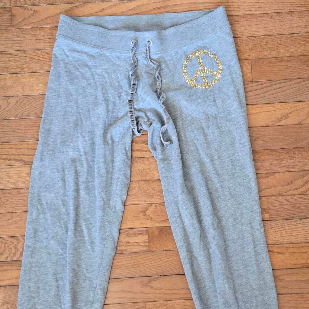 Vintage y2k 2000s Victoria's secret gray peace sign gold rhinestone sweatpants M